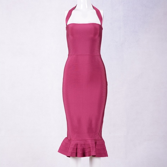 Bandage Dress with Ruffle Detail in Burgundy - Picture 5 of 9